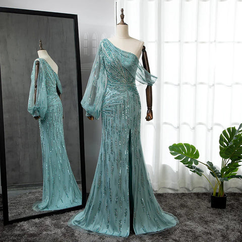 Vestido de noche turquesa de sirena con abertura alta, elegante, de lujo, con cuentas, para mujer, fiesta, LA71632 
