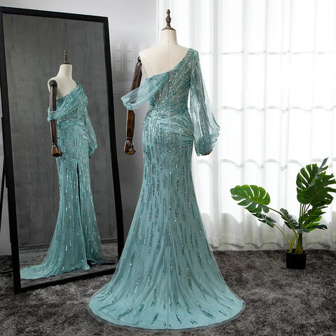 Vestido de noche turquesa de sirena con abertura alta, elegante, de lujo, con cuentas, para mujer, fiesta, LA71632 