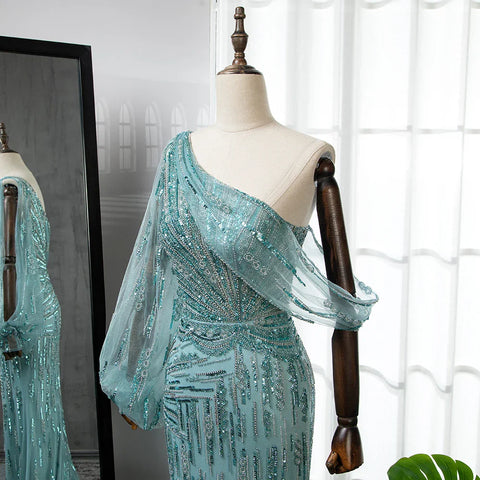 Vestido de noche turquesa de sirena con abertura alta, elegante, de lujo, con cuentas, para mujer, fiesta, LA71632 