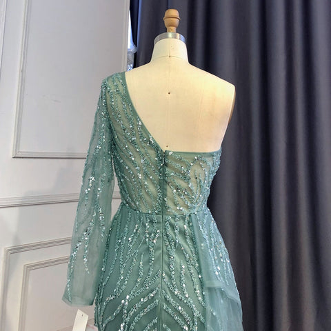 Vestido de noche de sirena turquesa con abertura alta, sexy, de un solo hombro y con sobrefalda de cuentas, para mujer, fiesta, LA71520 