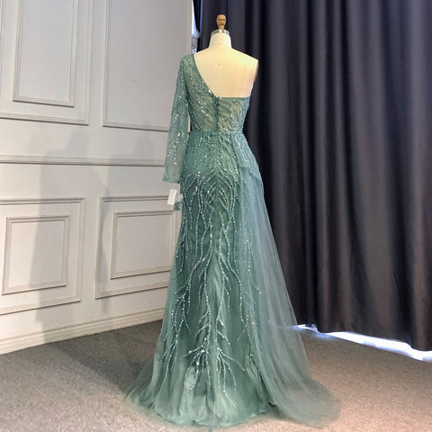 Vestido de noche de sirena turquesa con abertura alta, sexy, de un solo hombro y con sobrefalda de cuentas, para mujer, fiesta, LA71520 