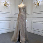 Turquoise Mermaid High Split Evening Dresses Gowns Sexy One-Shoulder Beaded Overskirt 2025 For Women Party LA71520