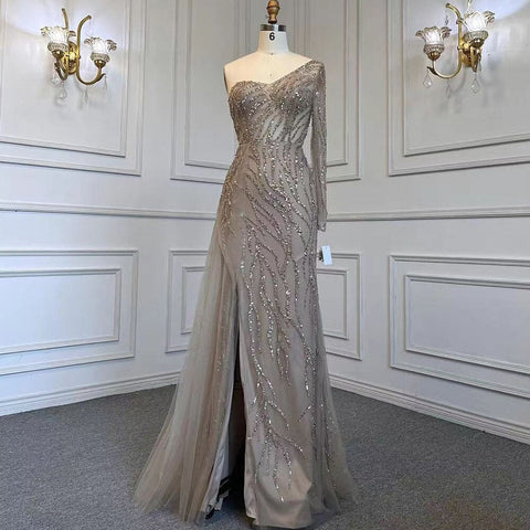 Vestido de noche de sirena turquesa con abertura alta, sexy, de un solo hombro y con sobrefalda de cuentas, para mujer, fiesta, LA71520 