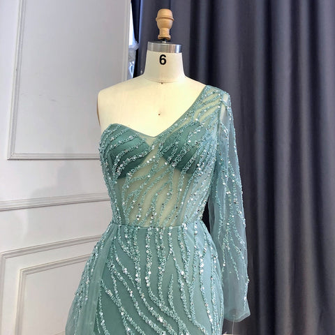 Vestido de noche de sirena turquesa con abertura alta, sexy, de un solo hombro y con sobrefalda de cuentas, para mujer, fiesta, LA71520 