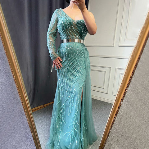 Vestido de noche de sirena turquesa con abertura alta, sexy, de un solo hombro y con sobrefalda de cuentas, para mujer, fiesta, LA71520 