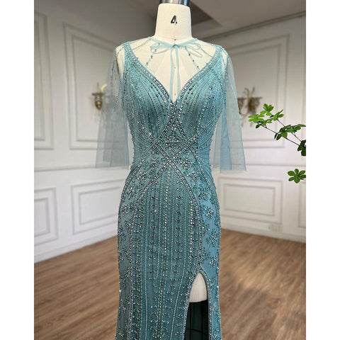 Vestidos de noche de lujo de sirena turquesa, 2025, con cuentas, sexys, con abertura alta, elegantes para mujer, para fiesta de boda LA72117 