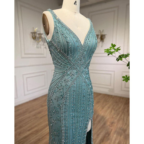 Vestidos de noche de lujo de sirena turquesa, 2025, con cuentas, sexys, con abertura alta, elegantes para mujer, para fiesta de boda LA72117 
