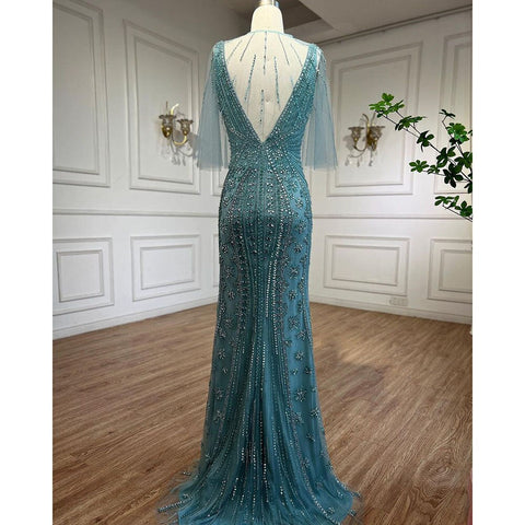 Vestidos de noche de lujo de sirena turquesa, 2025, con cuentas, sexys, con abertura alta, elegantes para mujer, para fiesta de boda LA72117 