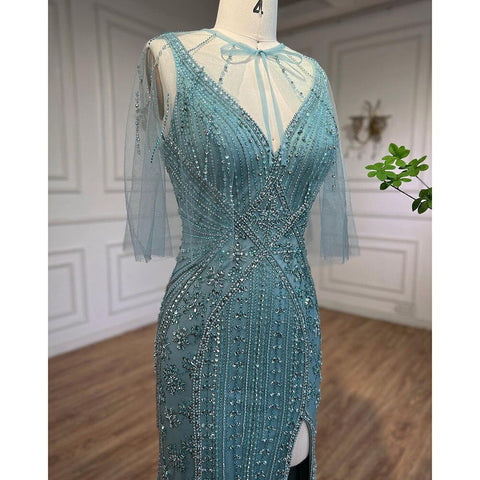 Vestidos de noche de lujo de sirena turquesa, 2025, con cuentas, sexys, con abertura alta, elegantes para mujer, para fiesta de boda LA72117 