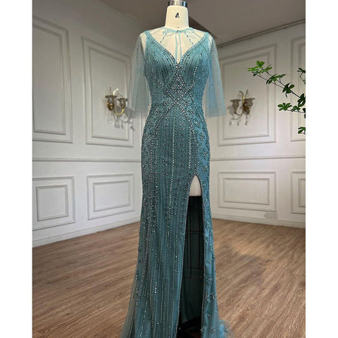 Vestidos de noche de lujo de sirena turquesa, 2025, con cuentas, sexys, con abertura alta, elegantes para mujer, para fiesta de boda LA72117 