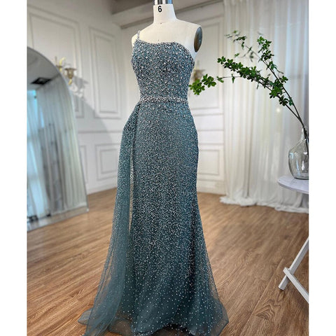 Vestido de noche turquesa de sirena, de un solo hombro y sobrefalda con cuentas, para mujer, boda, fiesta, LA72144 