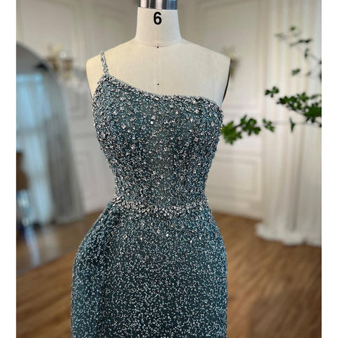 Vestido de noche turquesa de sirena, de un solo hombro y sobrefalda con cuentas, para mujer, boda, fiesta, LA72144 