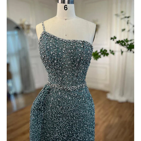 Vestido de noche turquesa de sirena, de un solo hombro y sobrefalda con cuentas, para mujer, boda, fiesta, LA72144 