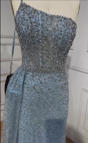 Vestido de noche turquesa de sirena, de un solo hombro y sobrefalda con cuentas, para mujer, boda, fiesta, LA72144 