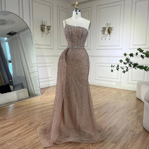 Vestido de noche turquesa de sirena, de un solo hombro y sobrefalda con cuentas, para mujer, boda, fiesta, LA72144 