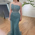 Turquoise Mermaid One Shoulder With Overskirt Beaded Evening Dresses Gowns 2025 For Women Wedding Party LA72144