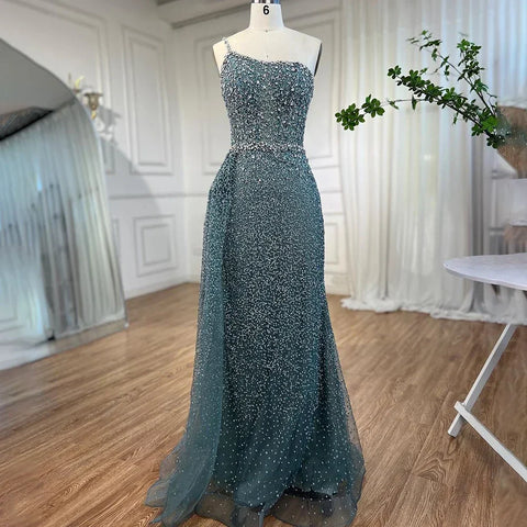 Vestido de noche turquesa de sirena, de un solo hombro y sobrefalda con cuentas, para mujer, boda, fiesta, LA72144 