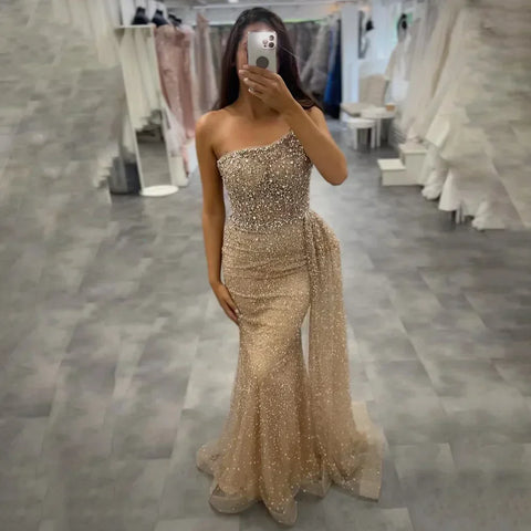 Vestido de noche turquesa de sirena, de un solo hombro y sobrefalda con cuentas, para mujer, boda, fiesta, LA72144 