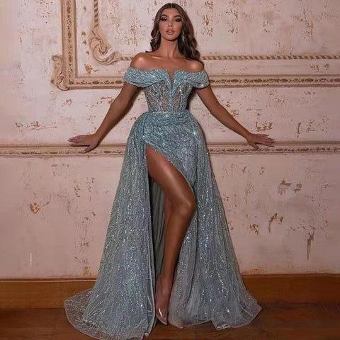 Vestido de noche sexy de sirena turquesa, elegante, de lujo, con cuentas y abertura alta para mujer, para fiesta, LA71593 