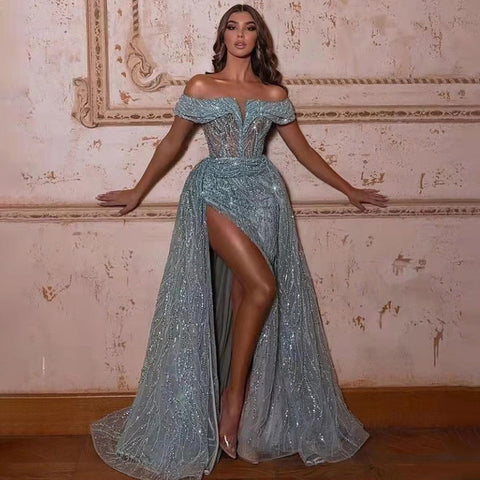 Vestido de noche sexy de sirena turquesa, elegante, de lujo, con cuentas y abertura alta para mujer, para fiesta, LA71593 