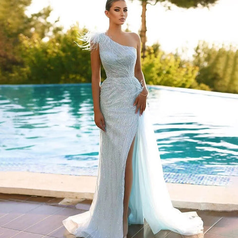 Vestido de noche de sirena turquesa, sexy, con abertura alta y falda con plumas y cuentas, para mujer, 2025, para fiesta, LA71955 