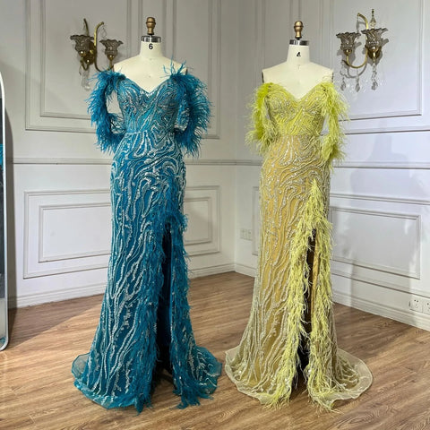 Vestido de noche turquesa con tirantes finos, corte sirena, abertura alta, plumas y cuentas para mujer, ideal para bodas 2025 LA72602 