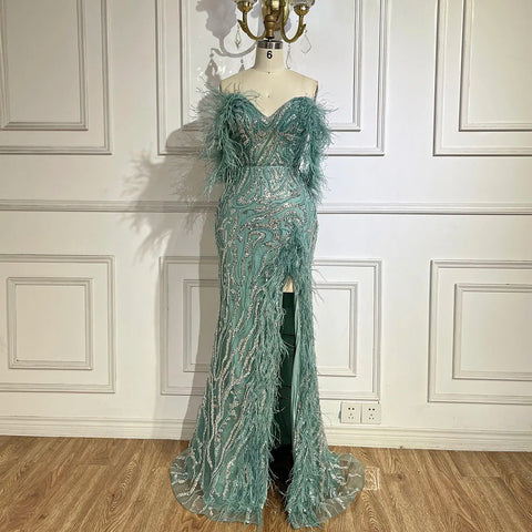 Vestido de noche turquesa con tirantes finos, corte sirena, abertura alta, plumas y cuentas para mujer, ideal para bodas 2025 LA72602 