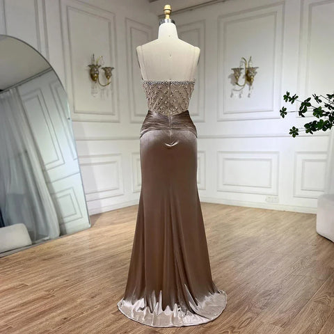 Vestido de sirena de terciopelo, elegante diseño con cuentas, de inspiración árabe, vestido de noche de lujo para fiesta de boda de mujer 2025 LA72327 