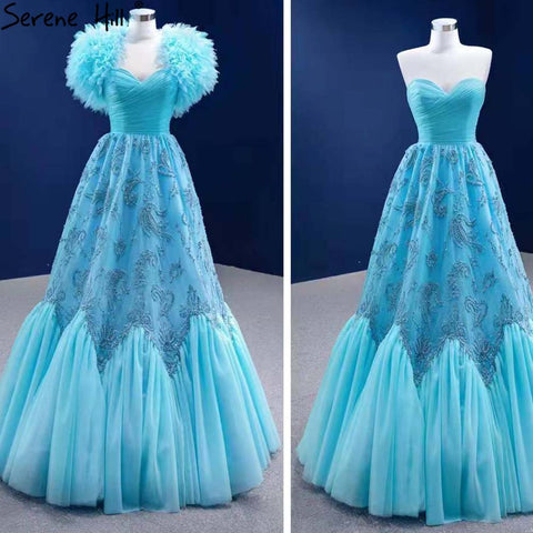 Vestidos de noche de lujo azul agua 2025, corte A, con cuentas, de alta gama, para mujer, fiesta de boda HM67419 