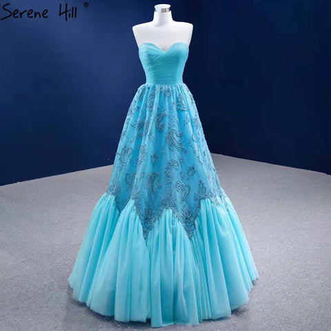 Vestidos de noche de lujo azul agua 2025, corte A, con cuentas, de alta gama, para mujer, fiesta de boda HM67419 