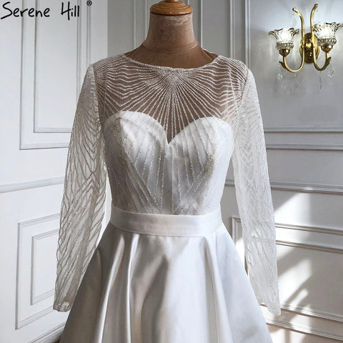 Vestidos de cóctel blancos de satén, corte A, sexys, 2025, mangas largas, brillo, hasta la rodilla, vestidos de fiesta LA70922 