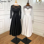 White A-Line Satin Sexy Cocktail Dresses 2025 Long Sleeves Glitter Tea-Length Party Gowns LA70922