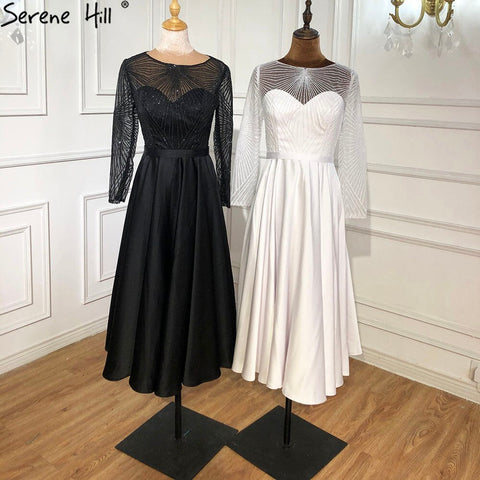 Vestidos de cóctel blancos de satén, corte A, sexys, 2025, mangas largas, brillo, hasta la rodilla, vestidos de fiesta LA70922 