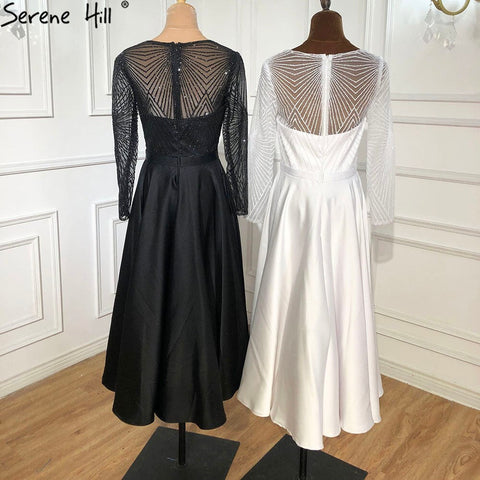 Vestidos de cóctel blancos de satén, corte A, sexys, 2025, mangas largas, brillo, hasta la rodilla, vestidos de fiesta LA70922 