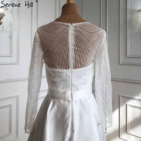 Vestidos de cóctel blancos de satén, corte A, sexys, 2025, mangas largas, brillo, hasta la rodilla, vestidos de fiesta LA70922 