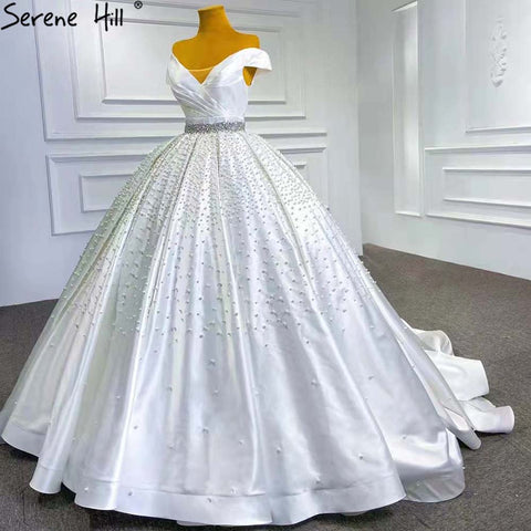 Vestidos de novia blancos con cuentas de cristal 2025, satén de lujo, escote corazón, HM67422, hechos a medida 