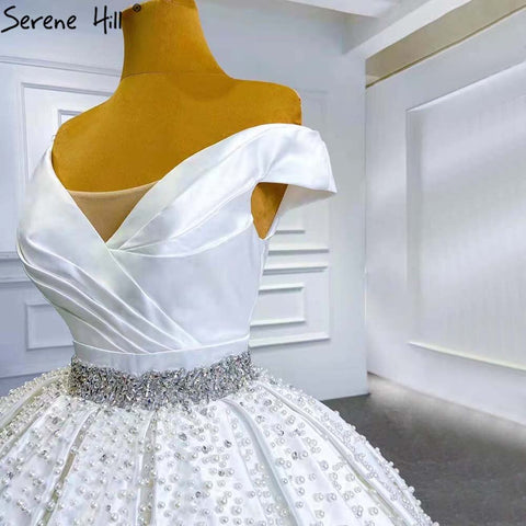Vestidos de novia blancos con cuentas de cristal 2025, satén de lujo, escote corazón, HM67422, hechos a medida 