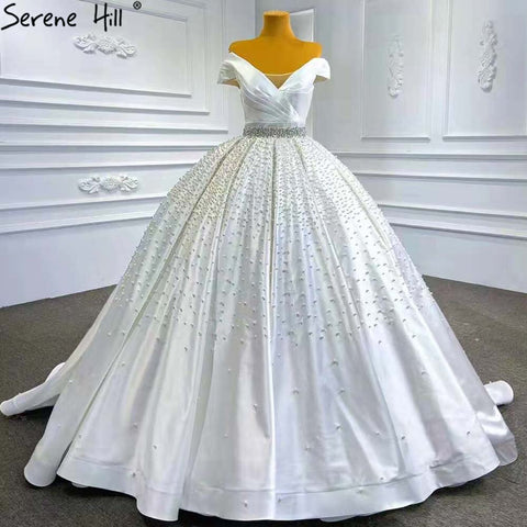 Vestidos de novia blancos con cuentas de cristal 2025, satén de lujo, escote corazón, HM67422, hechos a medida 