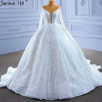 White Beaded Luxury Wedding Dresses 2025 Long Sleeves Lace Up Bride Gowns HM67382 Custom Made