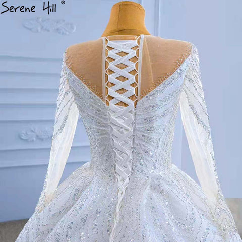 Vestidos de novia de lujo con cuentas blancas 2025, mangas largas, encaje, HM67382, hechos a medida 