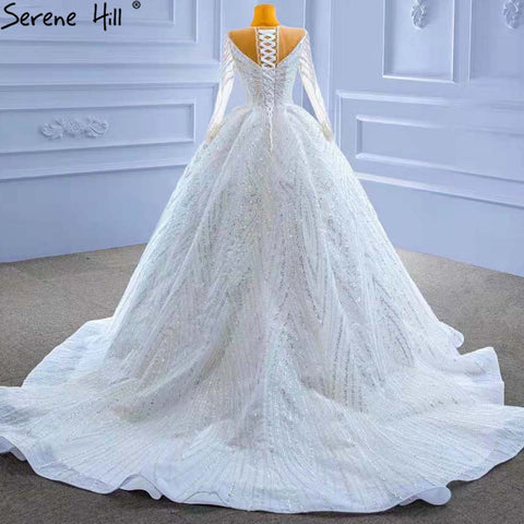 Vestidos de novia de lujo con cuentas blancas 2025, mangas largas, encaje, HM67382, hechos a medida 