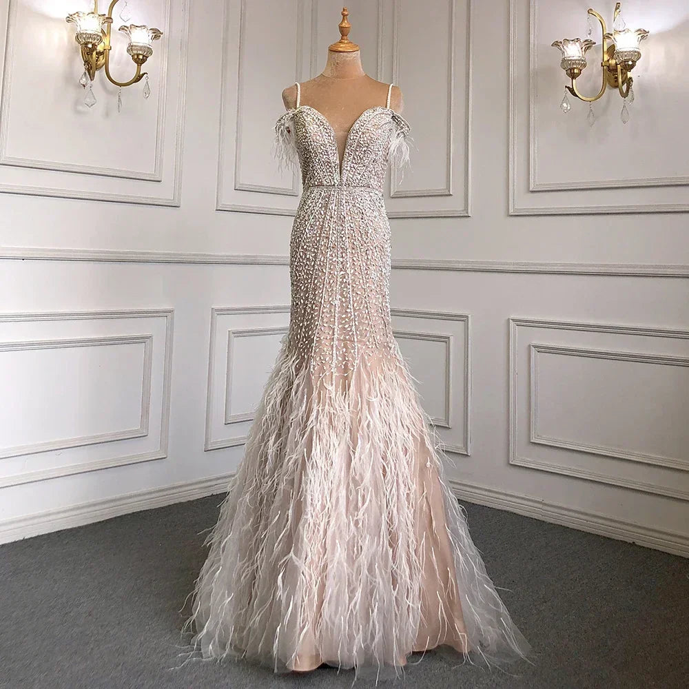Luxury Feathers White Nude Prom Evening Dresses LA71656