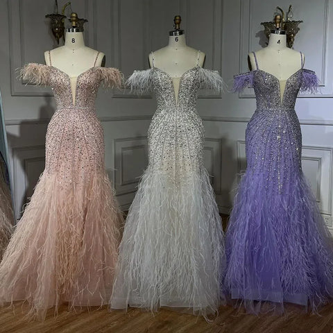 Luxury Feathers White Nude Prom Evening Dresses LA71656