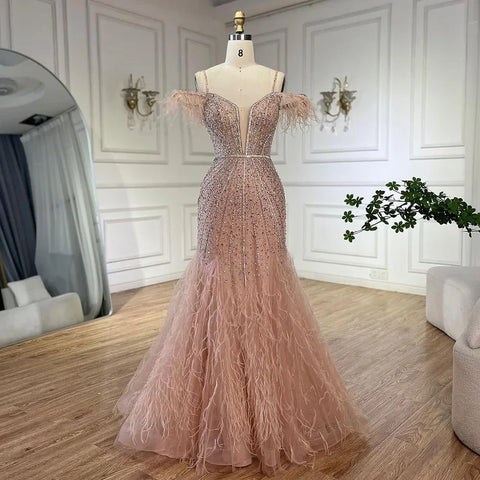 Luxury Feathers White Nude Prom Evening Dresses LA71656