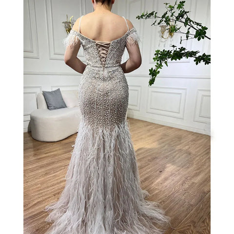 Luxury Feathers White Nude Prom Evening Dresses LA71656
