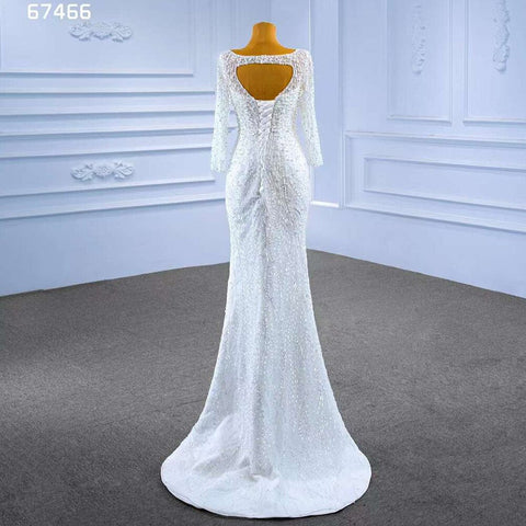 Vestido de novia blanco con cola desmontable, sirena, perlas, encaje, 2025, alta gama, hecho a medida, HM67466 