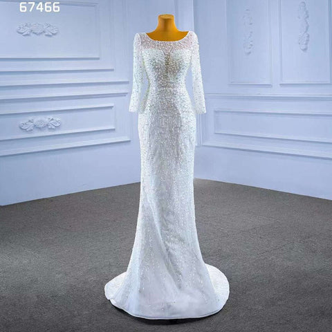 Vestido de novia blanco con cola desmontable, sirena, perlas, encaje, 2025, alta gama, hecho a medida, HM67466 