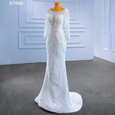 Vestido de novia blanco con cola desmontable, sirena, perlas, encaje, 2025, alta gama, hecho a medida, HM67466 