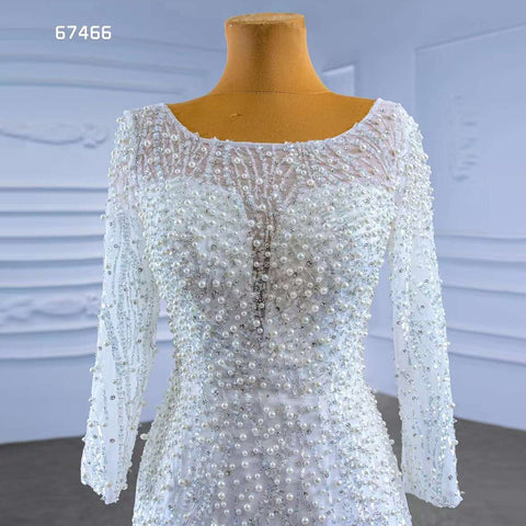 Vestido de novia blanco con cola desmontable, sirena, perlas, encaje, 2025, alta gama, hecho a medida, HM67466 