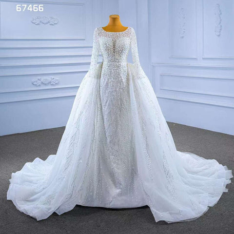 Vestido de novia blanco con cola desmontable, sirena, perlas, encaje, 2025, alta gama, hecho a medida, HM67466 